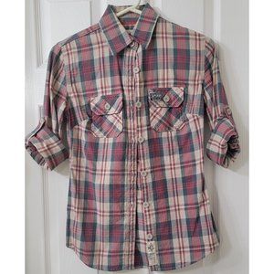 Superdry Plaid Fitted 3/4 Sleeve Button Up Shirt